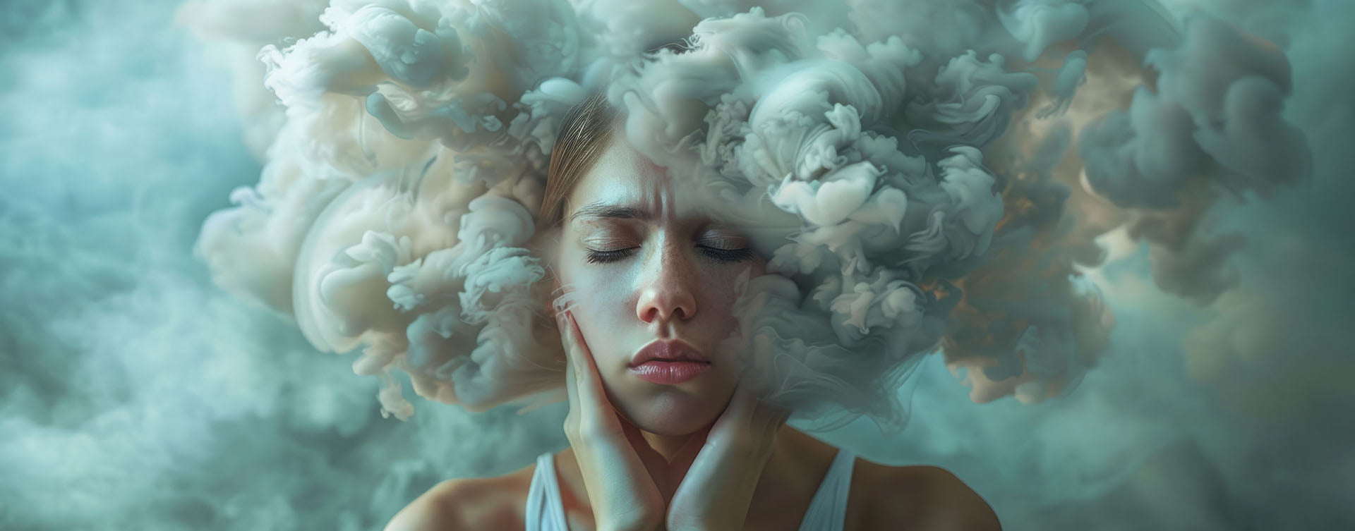 Illustration of woman with head in a cloud, Exploring the concepts of depression, loneliness, and mental health.