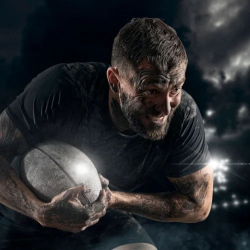 Rugby Player with Ball photograph.