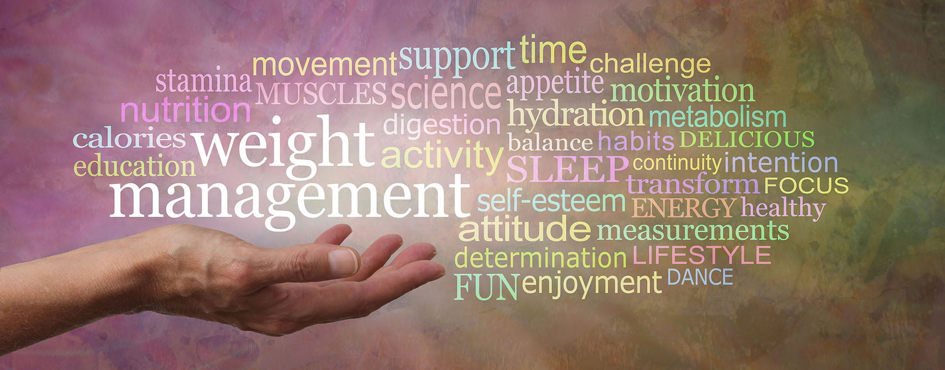 Weight Management Illustration, with human hand and text.