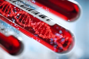 Molecule of DNA forming inside the test tube in the blood test.