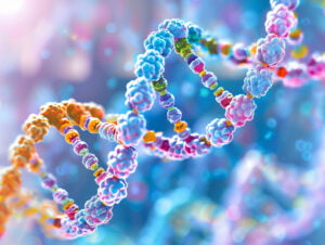 Genetics and Epigenetics illustration, colourful rendered image of DNA strand.