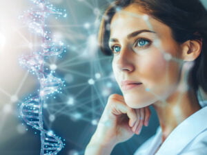 Woman looking at a strand of DNA