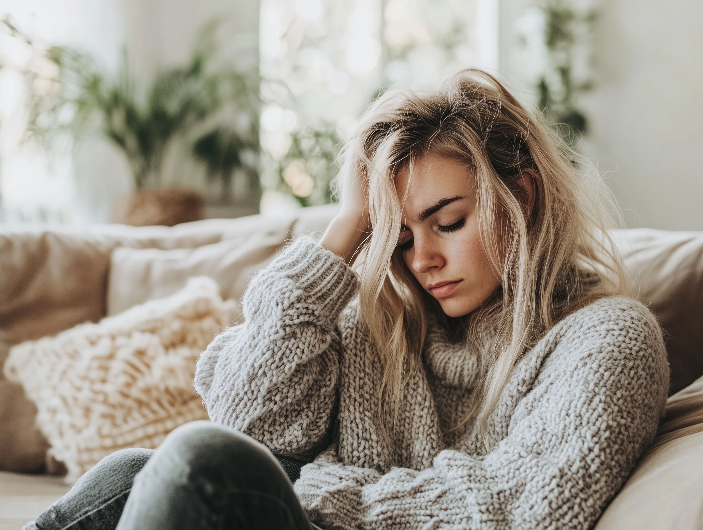 Woman on sofa looking tired and stressed.