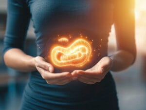 CGi Image illustrating Gut Health. Mature woman hands holding a glowing representation of intestines.